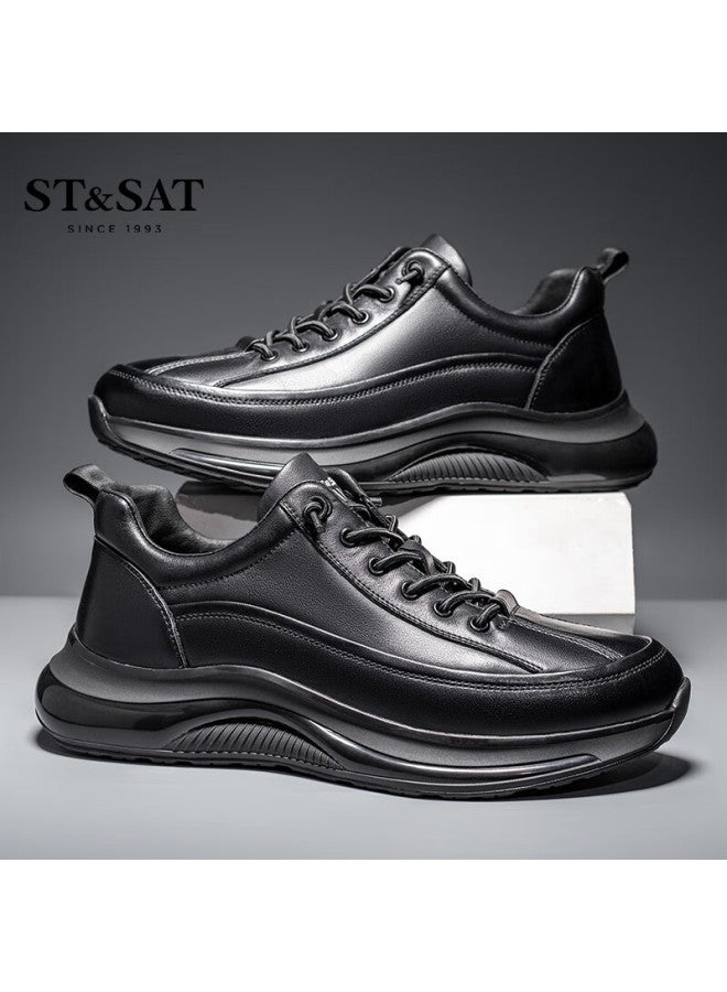 St&sat Men's First Layer Cowhide Casual Shoes Versatile Comfortable Sports Running Leather Shoes Black 38 - Image 1