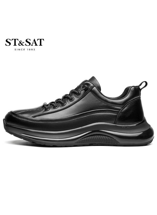St&sat Men's First Layer Cowhide Casual Shoes Versatile Comfortable Sports Running Leather Shoes Black 38 - Image 5
