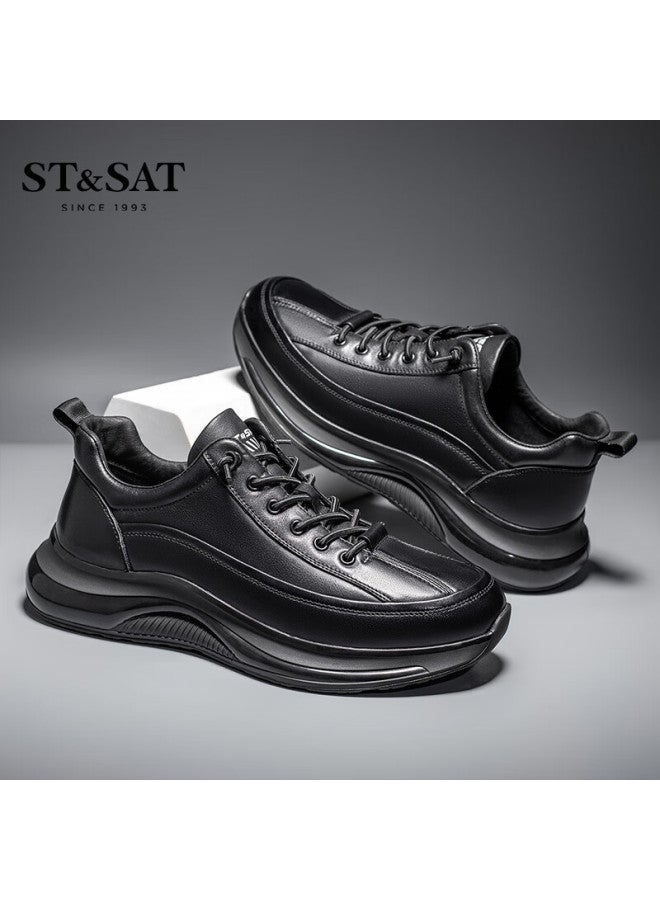 St&sat Men's First Layer Cowhide Casual Shoes Versatile Comfortable Sports Running Leather Shoes Black 38 - Image 2
