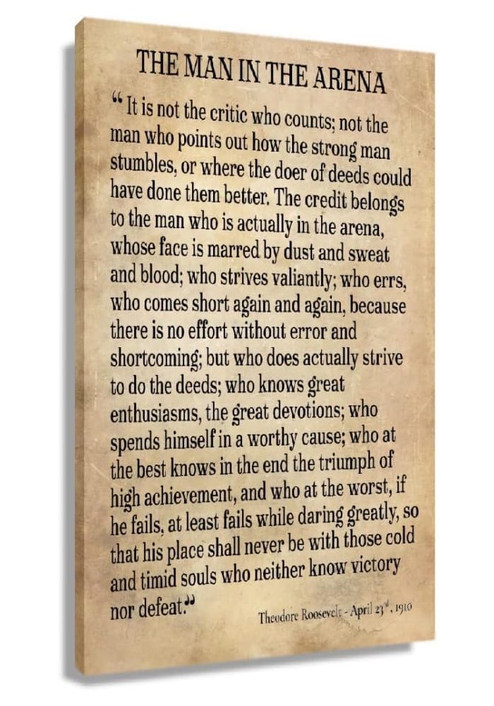 Busmko The Man In The Arena Framed Theodore Roosevelt Poster Inspirational Wall Art Prints Modern Vintage Pictures Canvas Motivational Quotes Wall Decor For Bedroom Framed (12x18 inch) - Image 1