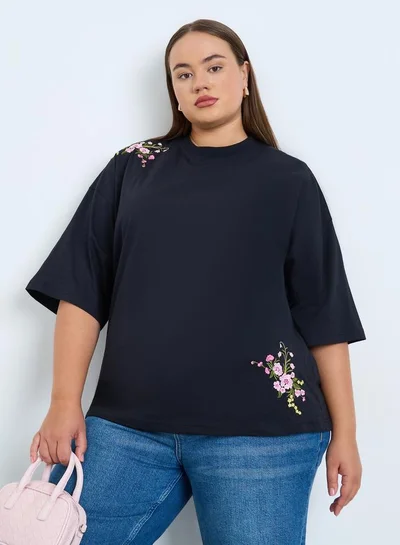 Styli Plus Size Oversized T-Shirt with Floral Embroidery