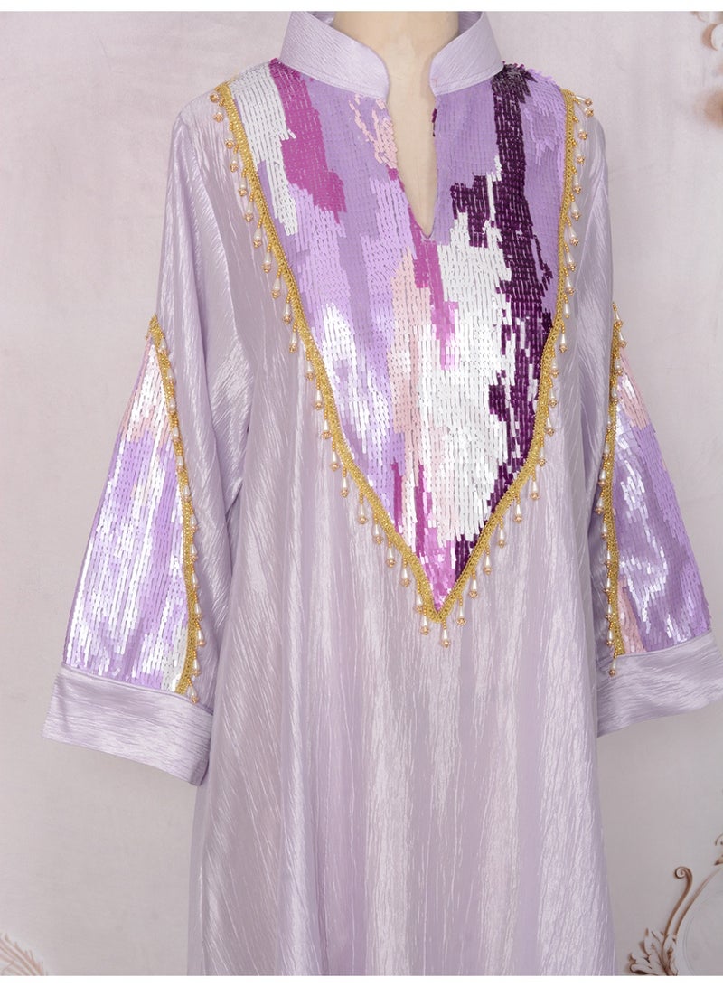 Kaiyuede Dubai Lavender Purple Ombre Sequin Pearl Abaya | Mandarin Collar Opaque Lined Modest Dress for Eid & Wedding - Image 2