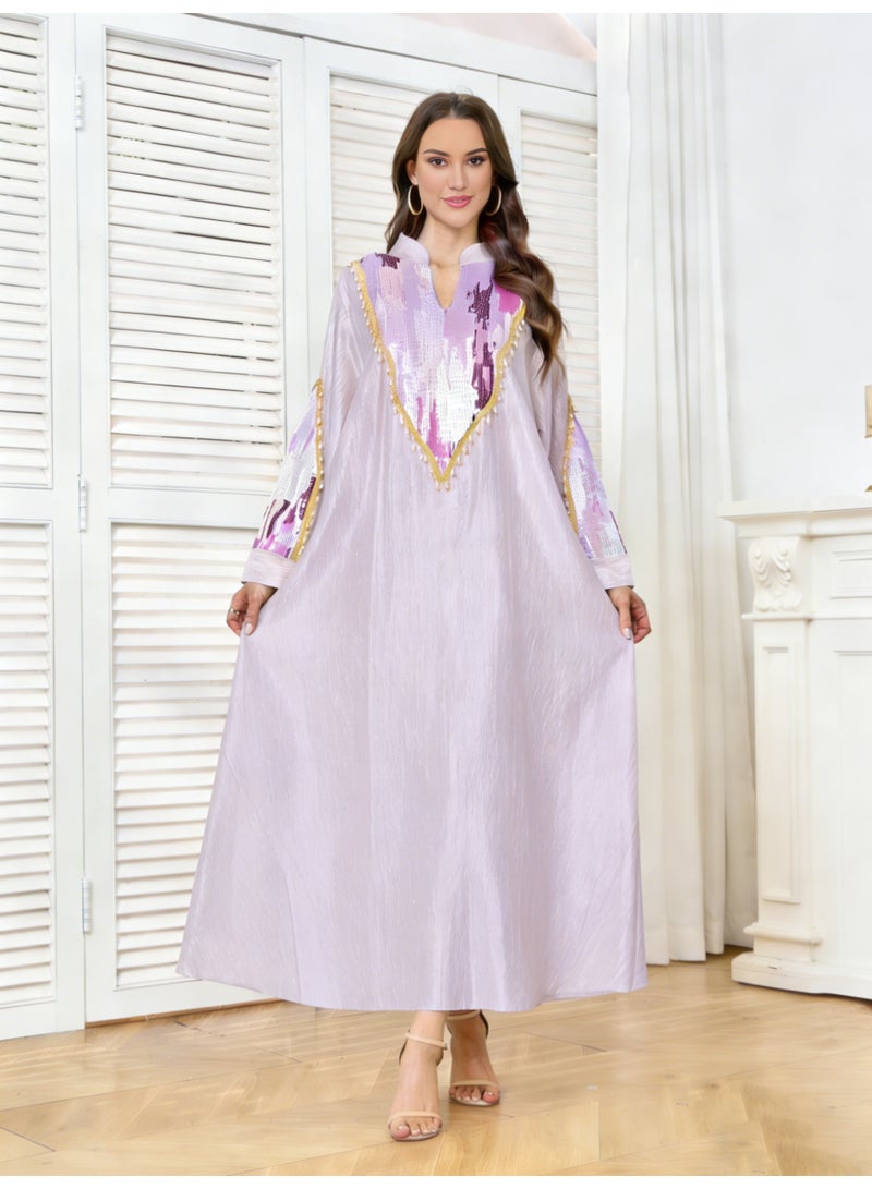 Kaiyuede Dubai Lavender Purple Ombre Sequin Pearl Abaya | Mandarin Collar Opaque Lined Modest Dress for Eid & Wedding - Image 1