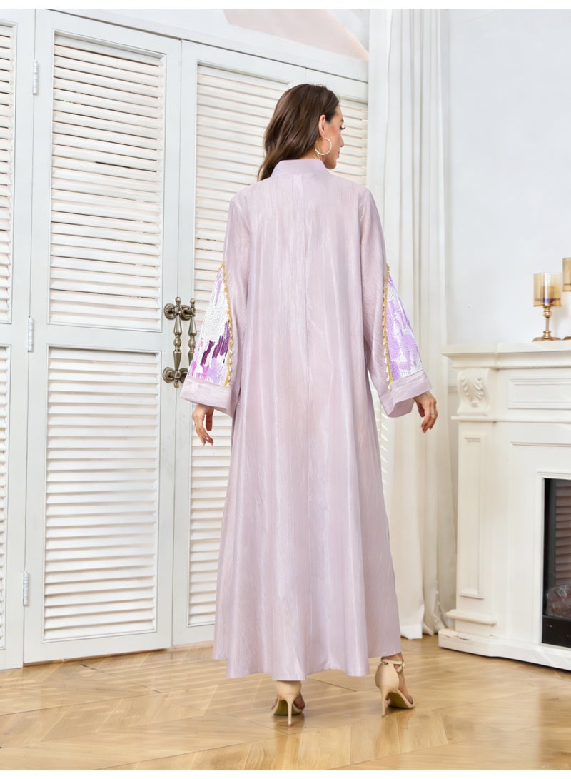Kaiyuede Dubai Lavender Purple Ombre Sequin Pearl Abaya | Mandarin Collar Opaque Lined Modest Dress for Eid & Wedding - Image 3