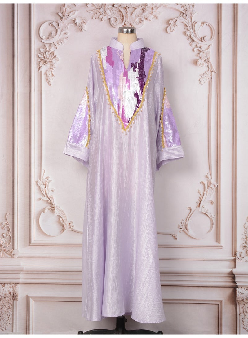 Kaiyuede Dubai Lavender Purple Ombre Sequin Pearl Abaya | Mandarin Collar Opaque Lined Modest Dress for Eid & Wedding - Image 4