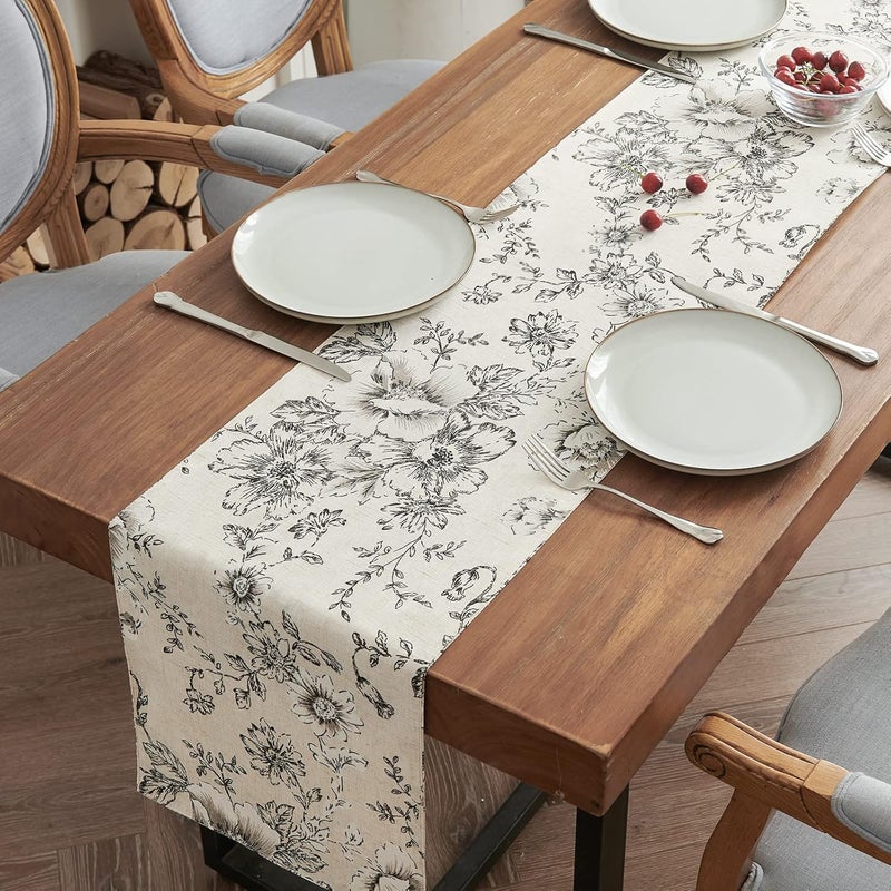 jinchan Linen Table Runner Floral Print Kitchen Table Runner 72 Inches Long Peonies Botanical Decorative Table Runner Farmhouse Rustic Coffee Table Decor for Dresser Dining Room 1 Panel Black on Beige - Image 1