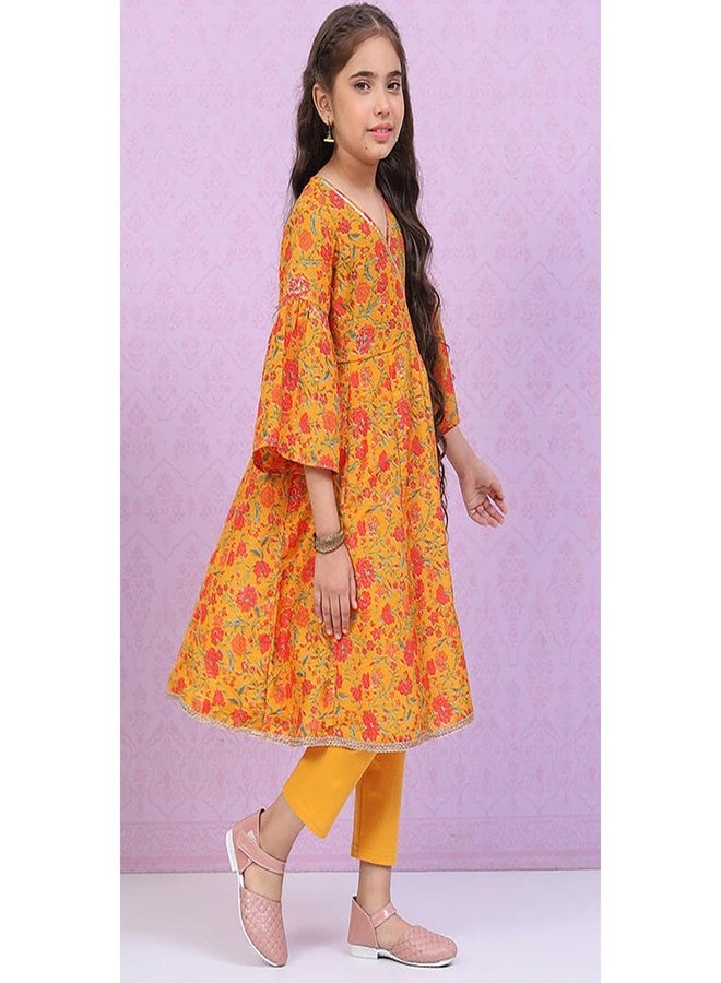 BIBA Girls Polyester Flared Printed Suit Set (KW5024EAW22OCH_Brown - Image 4