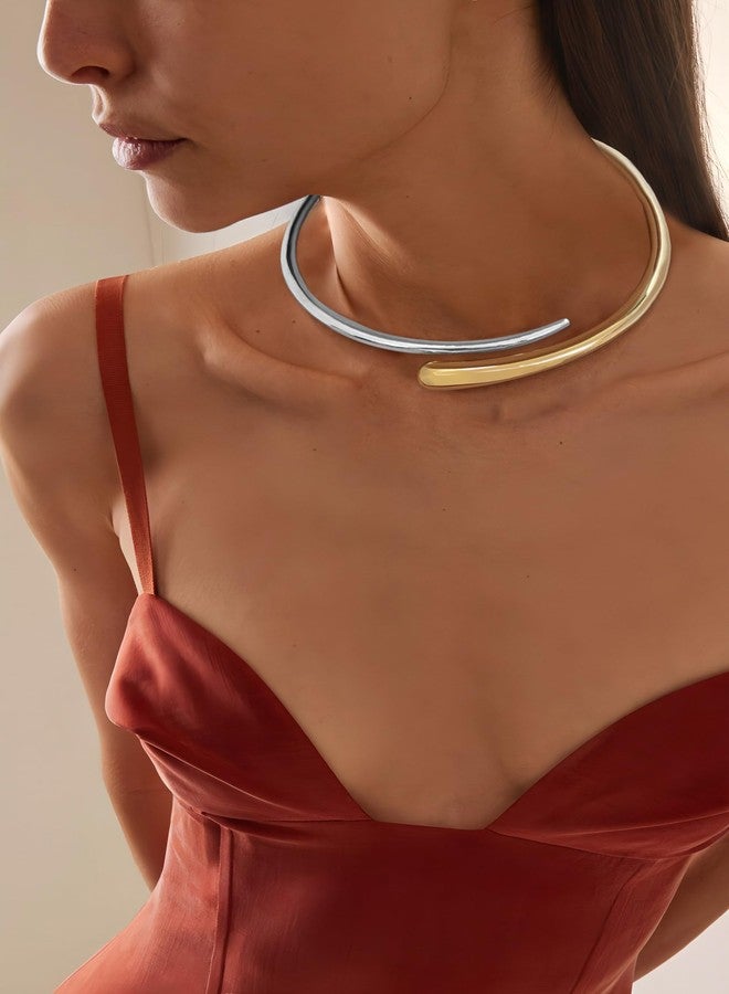 ليلي آند وايت قلادة ليلي آند وايت ذهبية وفضية للنساء، قلادة تشوكر ثنائية اللون، قلادة ذهبية مفتوحة قابلة للتعديل، قلادة تشوكر عصرية مضادة للحساسية، قلادة مميزة، مجوهرات أنيقة - Image 2