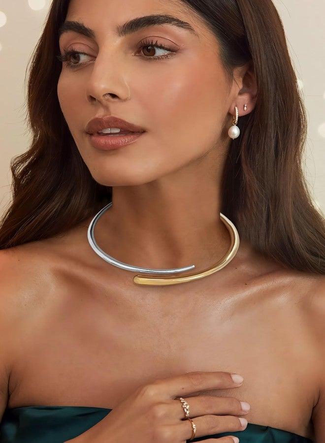 ليلي آند وايت قلادة ليلي آند وايت ذهبية وفضية للنساء، قلادة تشوكر ثنائية اللون، قلادة ذهبية مفتوحة قابلة للتعديل، قلادة تشوكر عصرية مضادة للحساسية، قلادة مميزة، مجوهرات أنيقة - Image 3