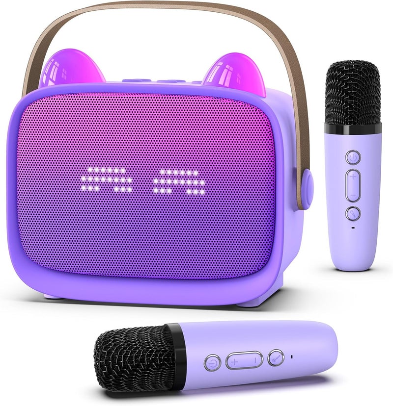 Mgaolo Tiered purchase options Mgaolo Upgraded Mini Karaoke Machine Toy for Kids, Portable Bluetooth Speaker with 2 Wireless Mics, Emoji & Colorful LED Lights, Home Travel & Party Play Gifts for Boys Girls (Purple) All-scene compatible build - Image 1