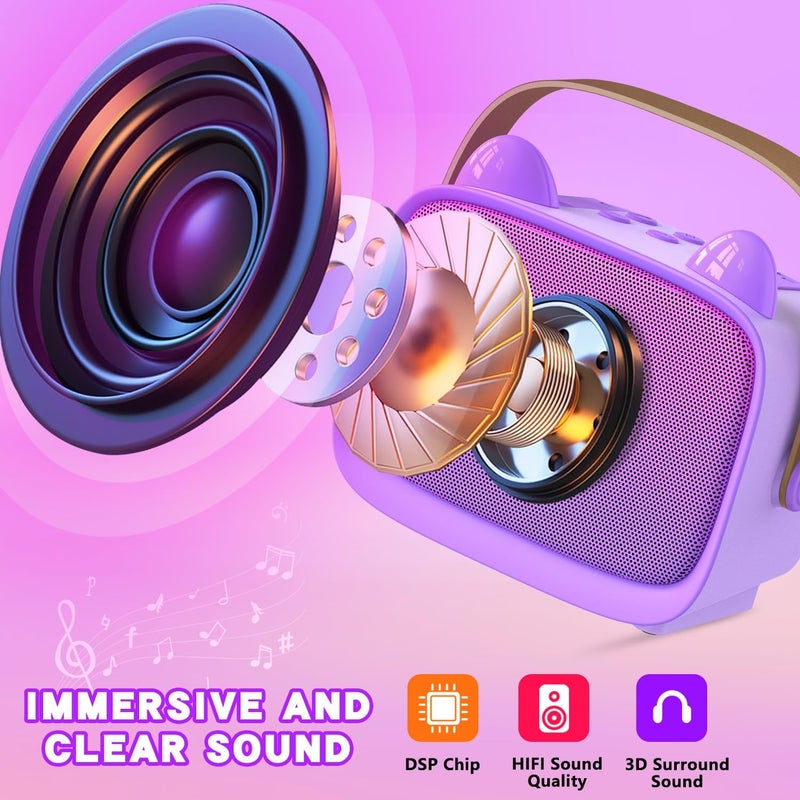 Mgaolo Tiered purchase options Mgaolo Upgraded Mini Karaoke Machine Toy for Kids, Portable Bluetooth Speaker with 2 Wireless Mics, Emoji & Colorful LED Lights, Home Travel & Party Play Gifts for Boys Girls (Purple) All-scene compatible build - Image 3