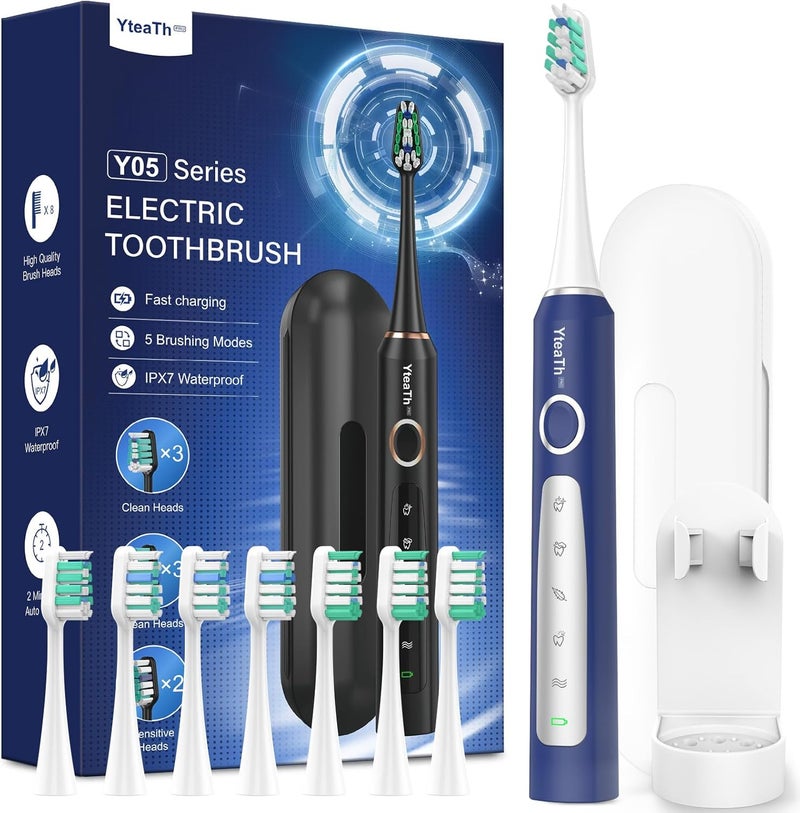 YTEATH PRO Sonic Electric Toothbrush for Men - Adult Sonic Toothbrush with 8 Brush Heads and Travel Case, 5 Modes, IPX7 Waterproof, Rechargeable Travel Electric Toothbrush, Blue - Image 1