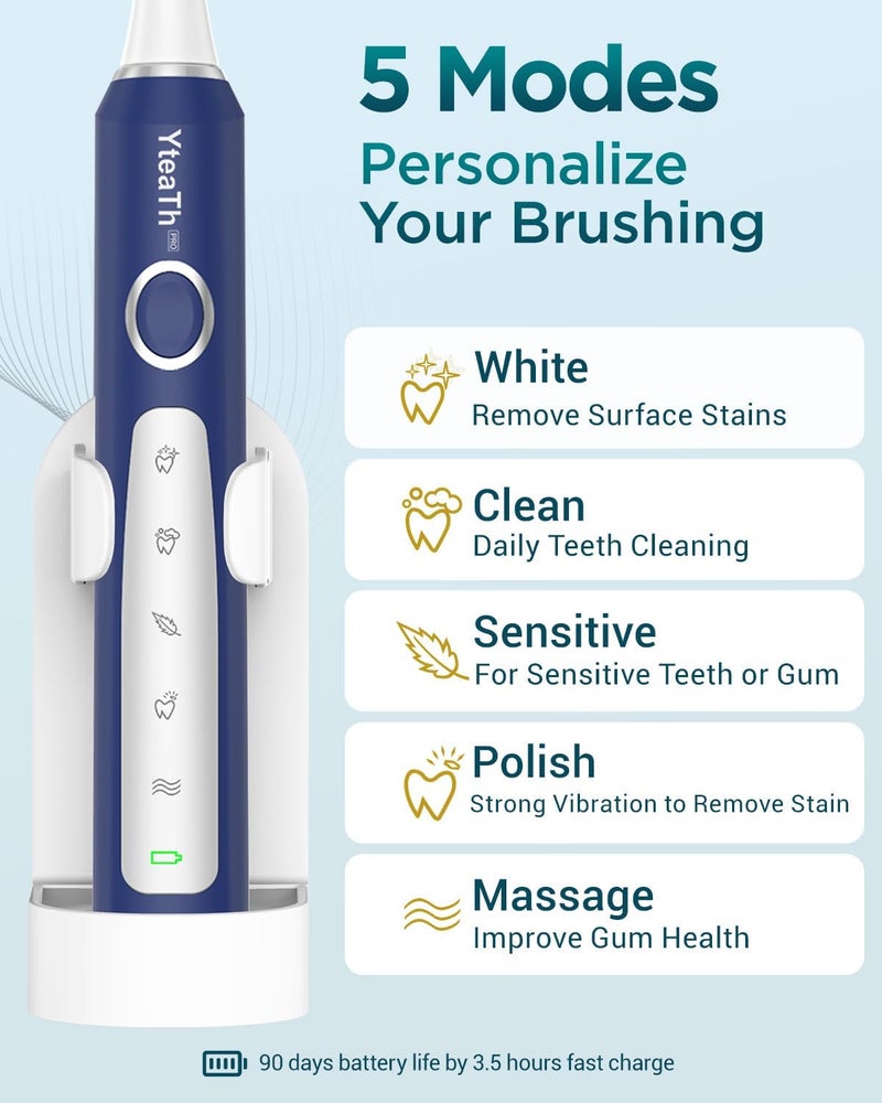 YTEATH PRO Sonic Electric Toothbrush for Men - Adult Sonic Toothbrush with 8 Brush Heads and Travel Case, 5 Modes, IPX7 Waterproof, Rechargeable Travel Electric Toothbrush, Blue - Image 4