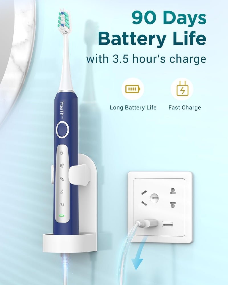 YTEATH PRO Sonic Electric Toothbrush for Men - Adult Sonic Toothbrush with 8 Brush Heads and Travel Case, 5 Modes, IPX7 Waterproof, Rechargeable Travel Electric Toothbrush, Blue - Image 5
