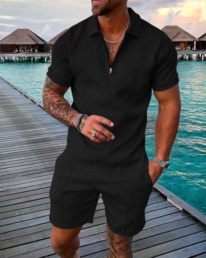 تيشيرت بولو مطبوع للرجال بأكمام قصيرة وياقة مقلوبة، طقم رياضي كاجوال - Image 2