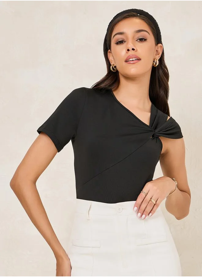 Styli Fitted Asymmetric Neck T-Shirt with Cut-Out Detail