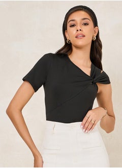 Styli Fitted Asymmetric Neck T-Shirt with Cut-Out Detail  - Image 1