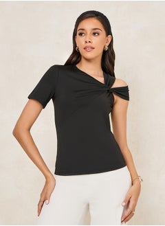 Styli Fitted Asymmetric Neck T-Shirt with Cut-Out Detail  - Image 2