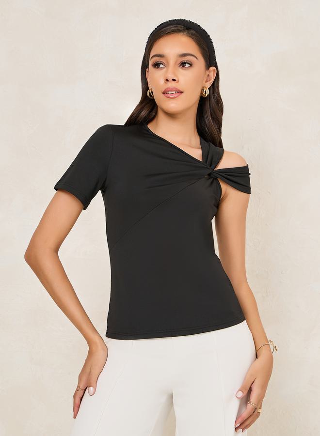 Styli Fitted Asymmetric Neck T-Shirt with Cut-Out Detail - Image 2