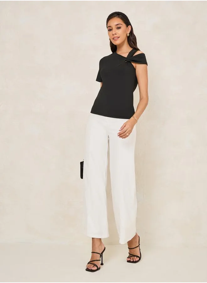 ستايلي Fitted Asymmetric Neck T-Shirt with Cut-Out Detail