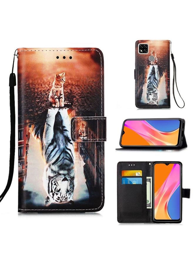 HuHa Case Cover For Xiaomi Redmi 9C Colored Drawing Pattern Plain Weave Horizontal Flip Leather Case with Holder & Card Slot & Wallet & Lanyard Cats And Tigers 