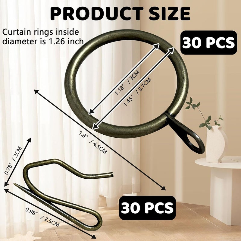 KAHIT 30 Pack Curtain Hooks for Drapes Curtain Pin Hooks and 30 Pack Bronze Curtain Rings Oil Rubbed Bronze Curtain Rings with Hooks Bathroom Curtain Hooks Drapery Rings Curtain Rings for Drapes - Image 3