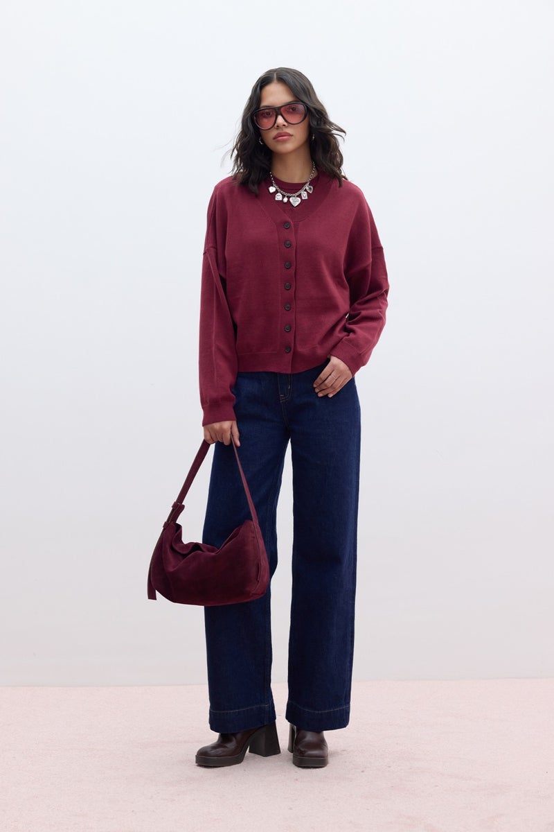 Manuka Soft Texture Oversized Knitted Cardigan Claret Red  - Image 1