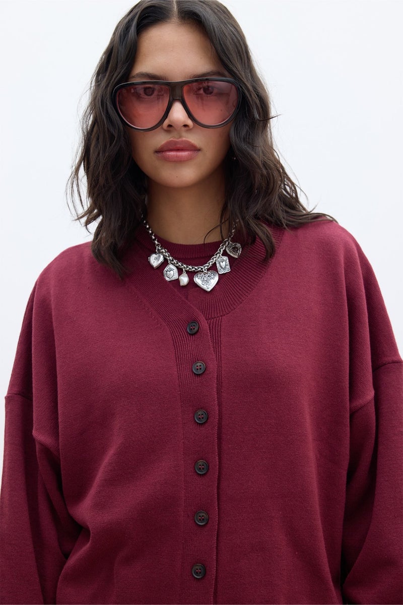 Manuka Soft Texture Oversized Knitted Cardigan Claret Red  - Image 2