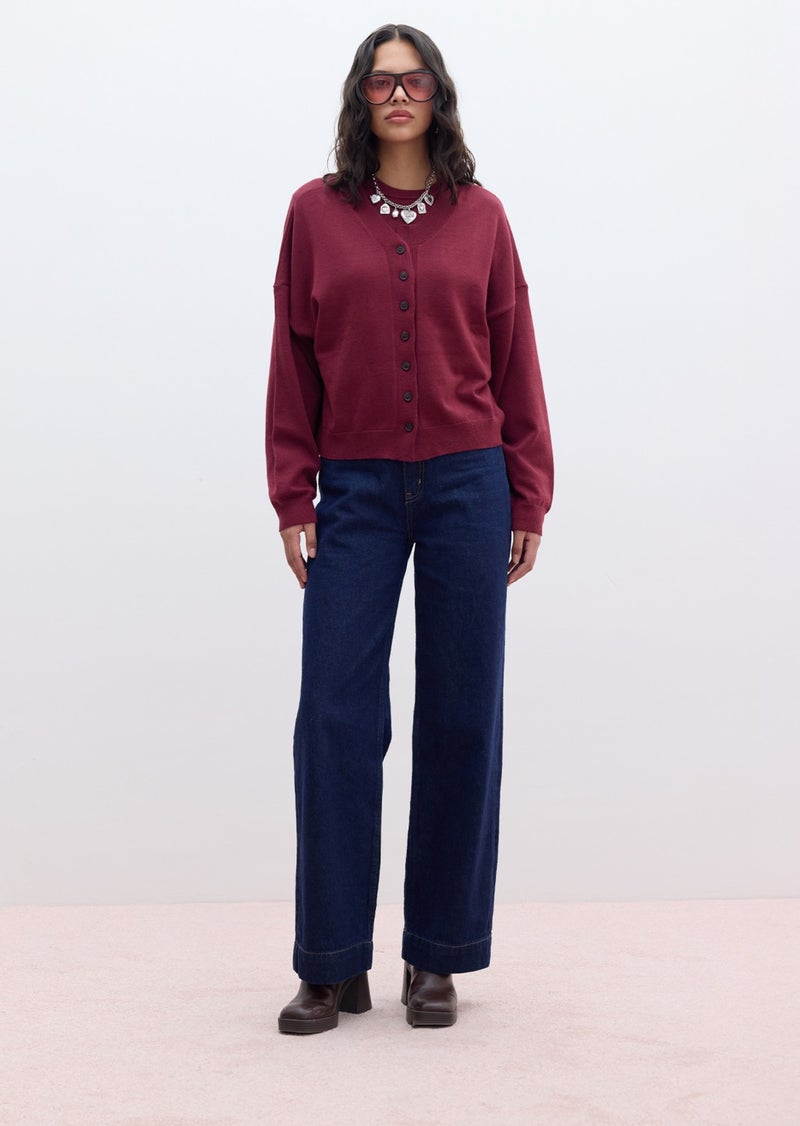 Manuka Soft Texture Oversized Knitted Cardigan Claret Red  - Image 3