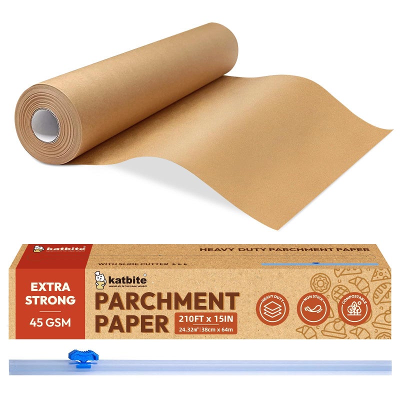 Katbite Parchment Paper Roll for Baking 15 in x 210 ft 260 SqFt Heavy Duty Baking Paper with Slide Cutter Easy to Cut  Nonstick Cooking Paper for Bread Cookies Air Fryer Steaming Grilling