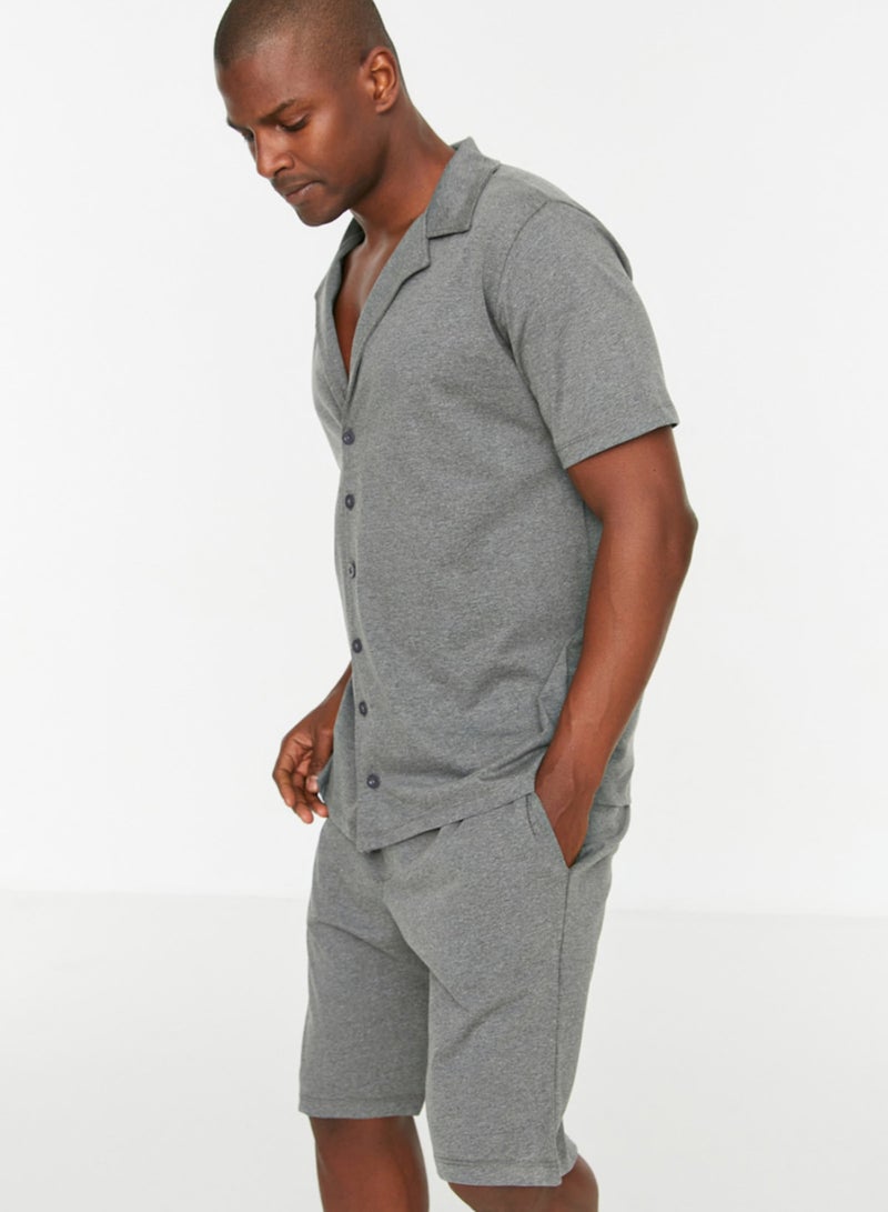 trendyol Anthracite Relaxed Fit Shirt Collar Knitted Summer Pajamas Set with Shorts THMSS21PT0446 - Image 3