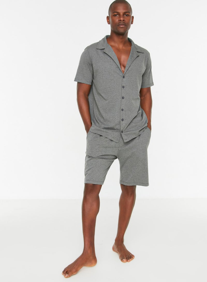 trendyol Anthracite Relaxed Fit Shirt Collar Knitted Summer Pajamas Set with Shorts THMSS21PT0446 - Image 1