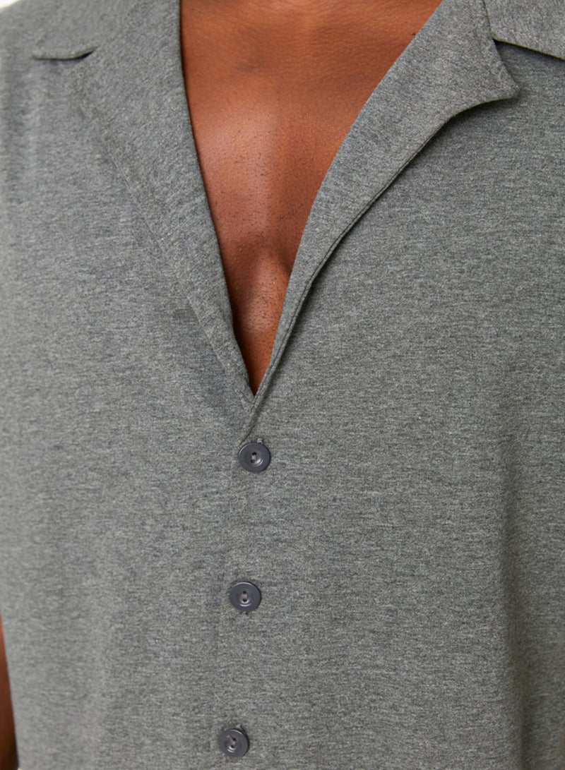 trendyol Anthracite Relaxed Fit Shirt Collar Knitted Summer Pajamas Set with Shorts THMSS21PT0446 - Image 4