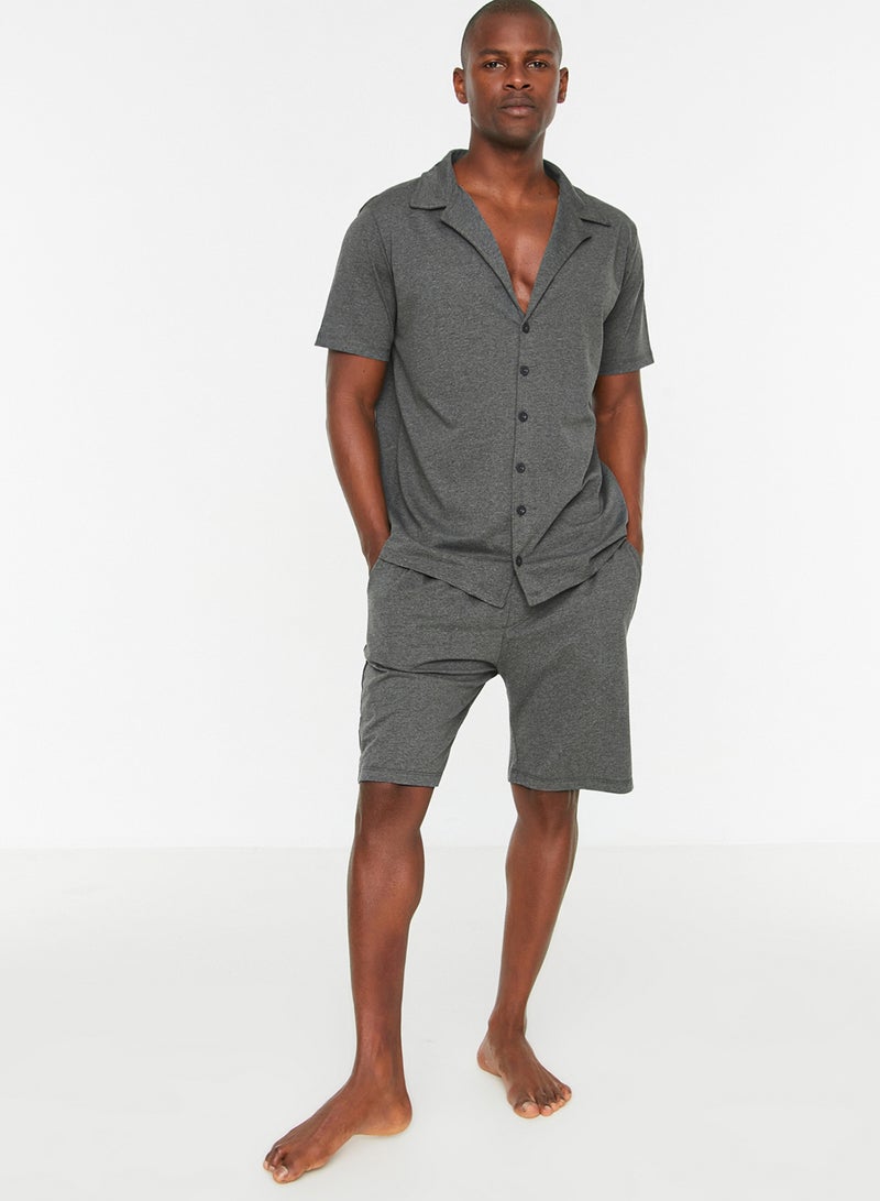 trendyol Anthracite Relaxed Fit Shirt Collar Knitted Summer Pajamas Set with Shorts THMSS21PT0446 - Image 5