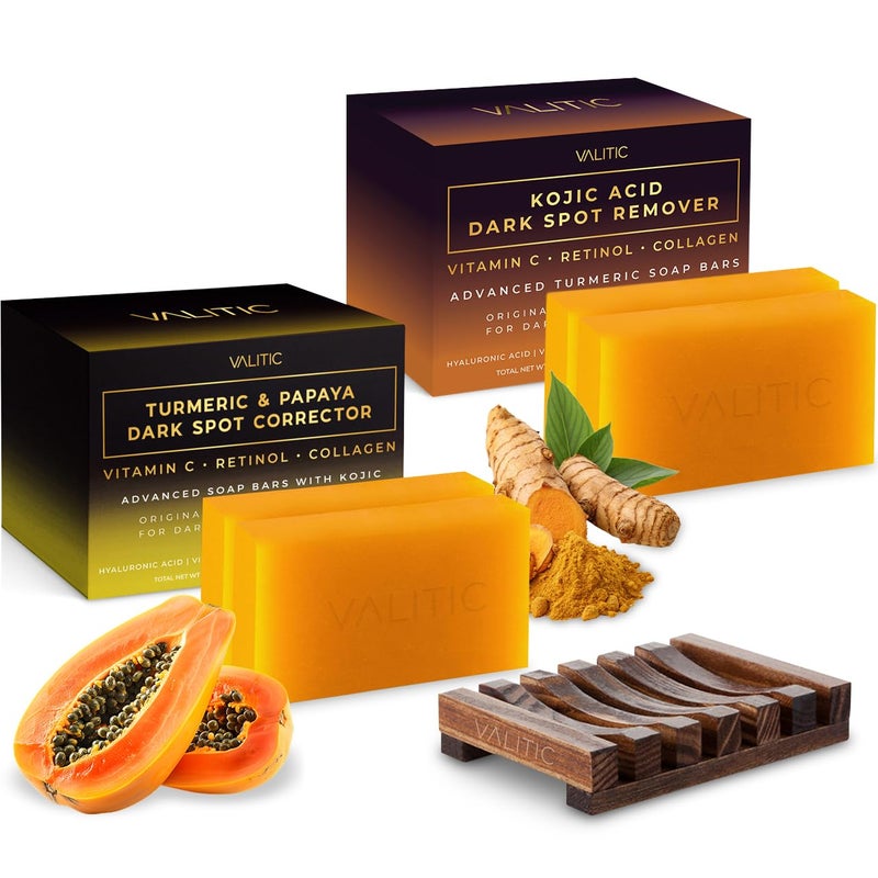 VALITIC Papaya and Turmeric Kojic Acid Soap Bar Dark Spot Corrector Skin Care Cleansing Bar Infused with Vitamin C Hyaluronic Acid Papaya 2 Pack Kojic 2 Pack Holder