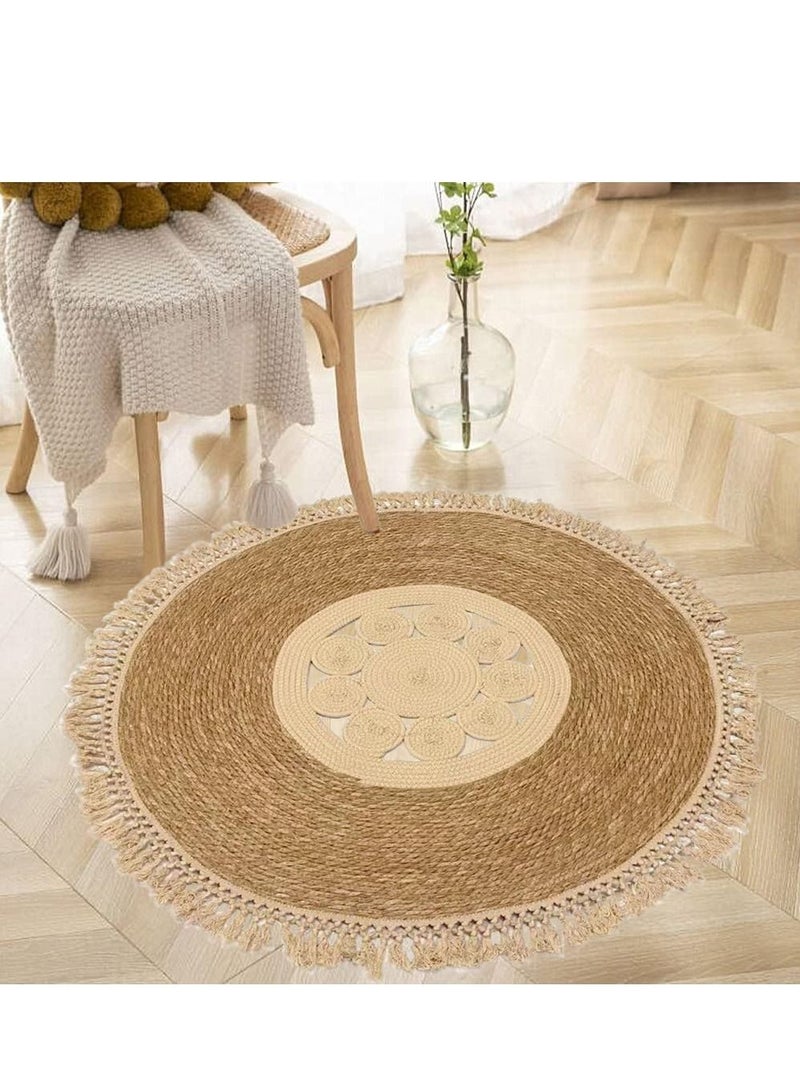 LINGWEI Round Jute Rug Carpet Simple and Modern Design Jute Rug Carpet Floor Mat Handbraided Jute Rug with Cotton Febric Jute Area Rug Carpet Farmhouse Rugs For Home Living room - Image 1