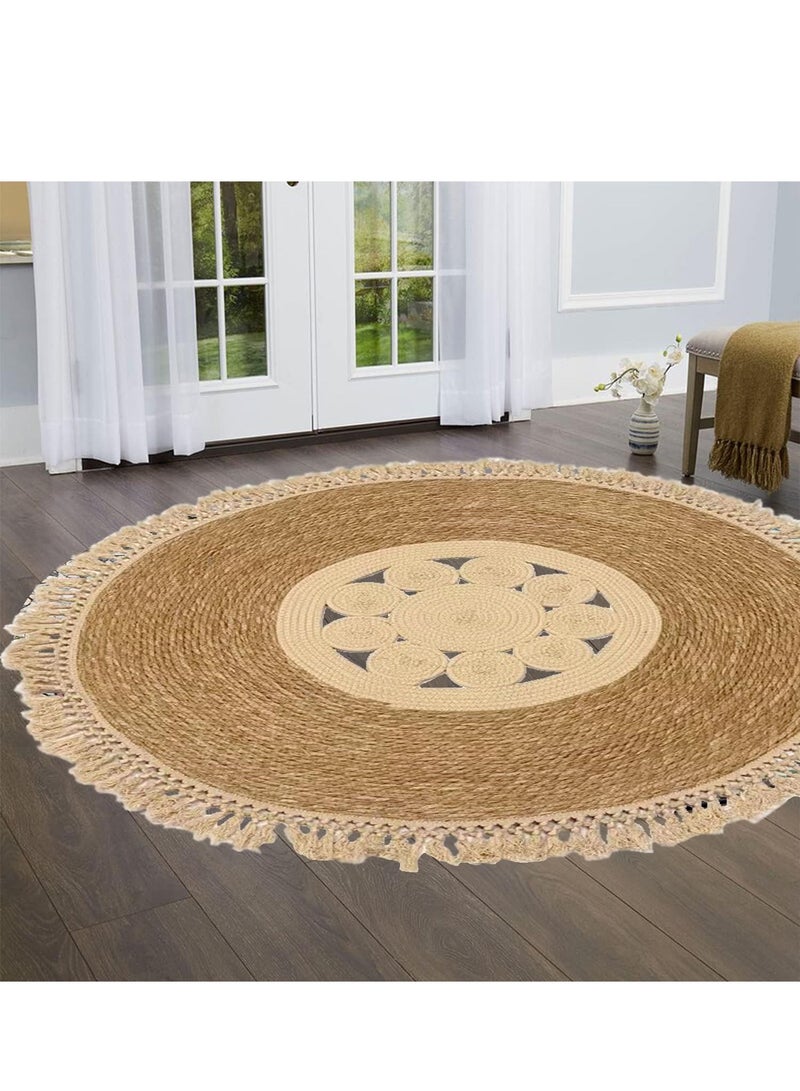 LINGWEI Round Jute Rug Carpet Simple and Modern Design Jute Rug Carpet Floor Mat Handbraided Jute Rug with Cotton Febric Jute Area Rug Carpet Farmhouse Rugs For Home Living room - Image 4