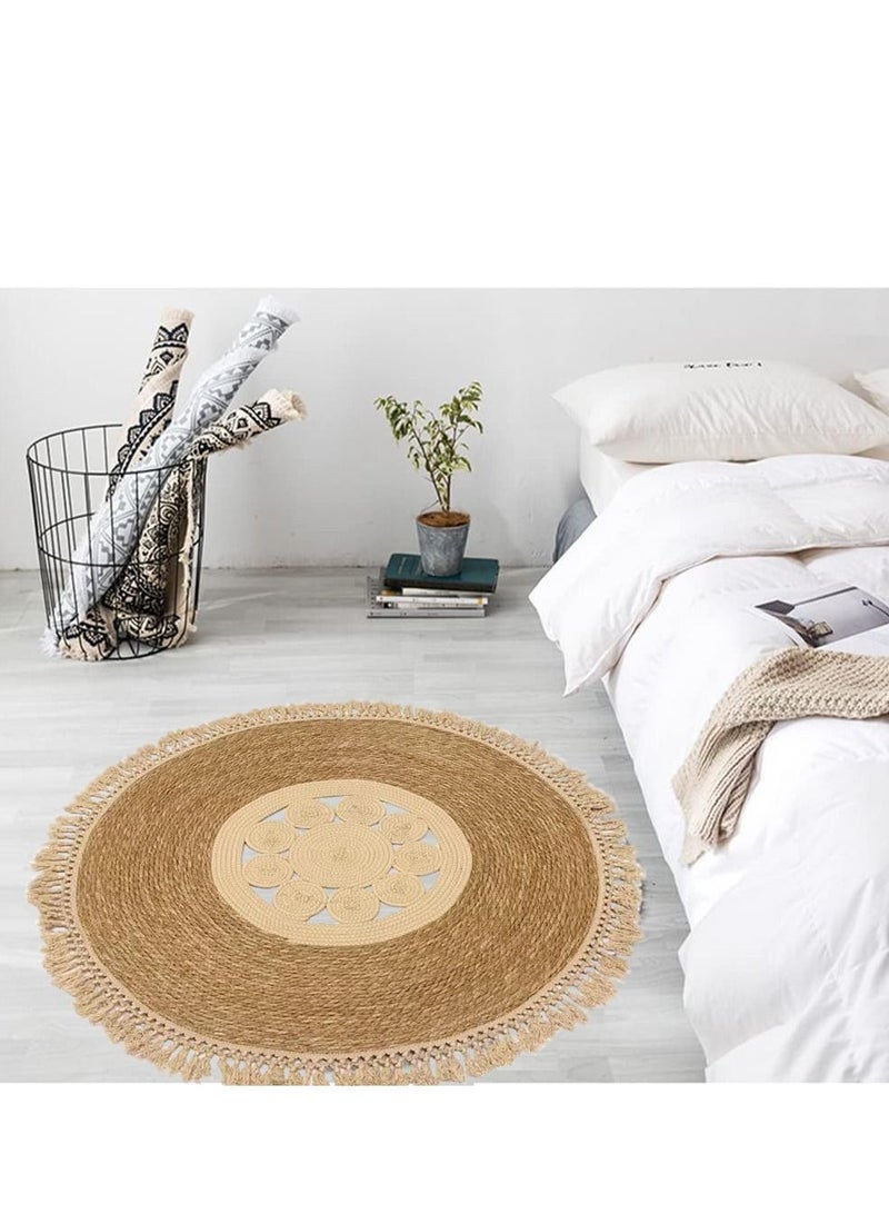 LINGWEI Round Jute Rug Carpet Simple and Modern Design Jute Rug Carpet Floor Mat Handbraided Jute Rug with Cotton Febric Jute Area Rug Carpet Farmhouse Rugs For Home Living room - Image 3