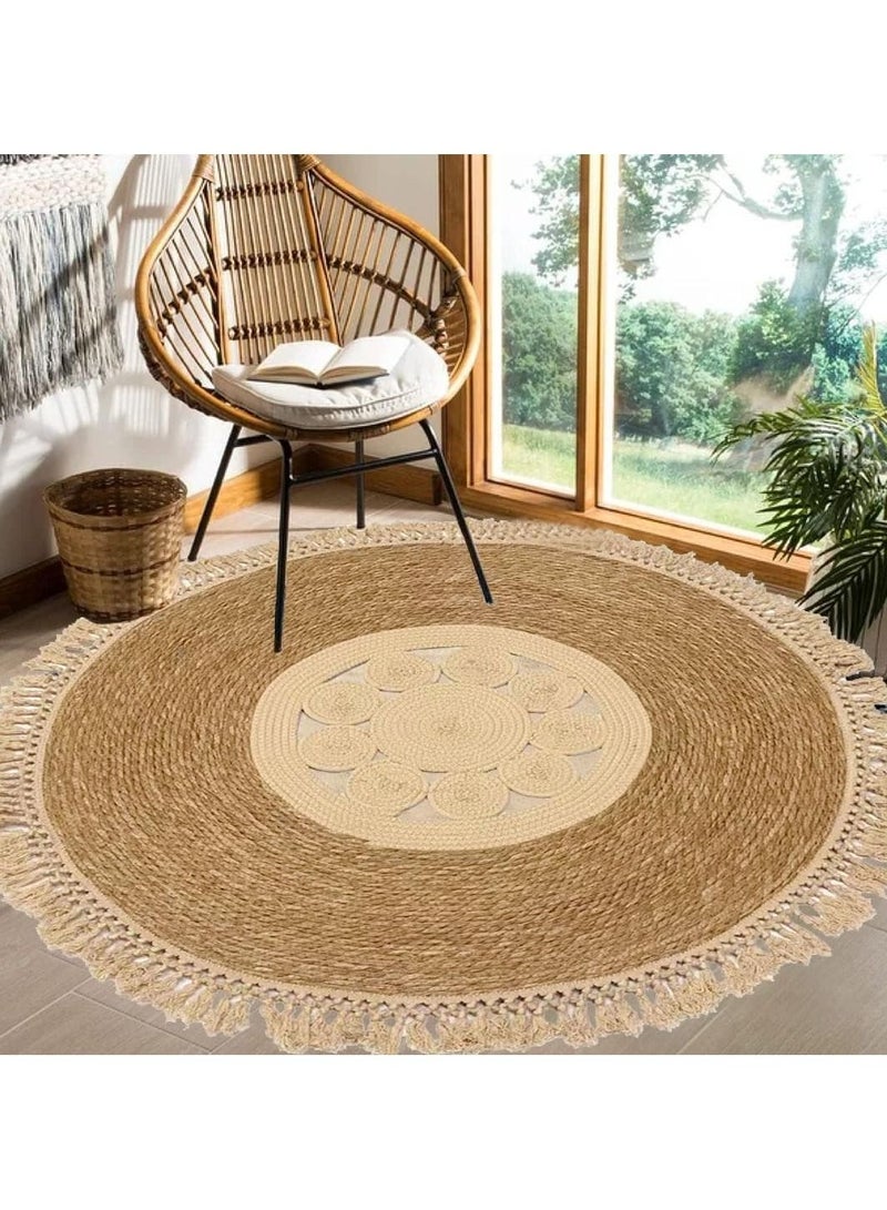 LINGWEI Round Jute Rug Carpet Simple and Modern Design Jute Rug Carpet Floor Mat Handbraided Jute Rug with Cotton Febric Jute Area Rug Carpet Farmhouse Rugs For Home Living room - Image 5