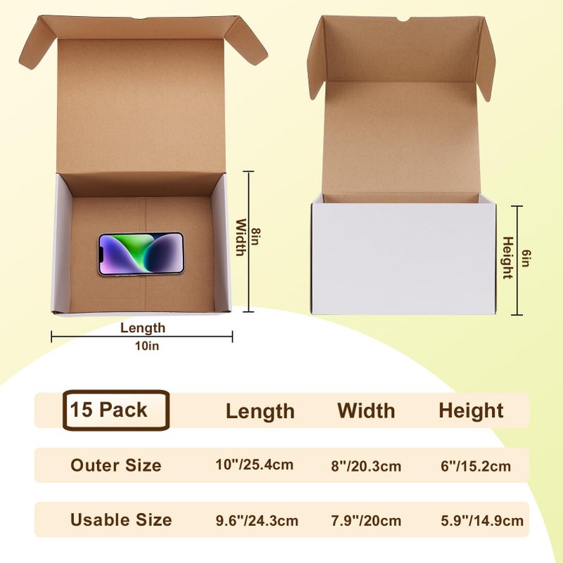 WIFTREY 10x8x6 inches Shipping Boxes White set of 15, 10 x 8 x 6 Corrugated Cardboard Boxes for Packaging Small Business, Moving, Mailing - Image 2