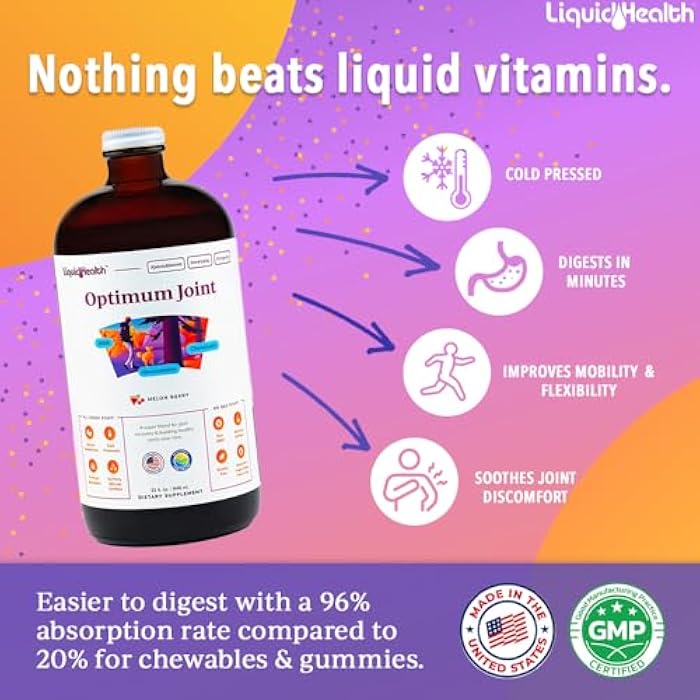 LIQUIDHEALTH Optimum Joint Support Supplement with Glucosamine, Chondroitin, MSM, Hyaluronic Acid - Triple Strength Liquid Vitamins, Gluten-Free, Dairy-Free, Soy-Free Joint Juice, Made in USA (32 oz) - Image 2