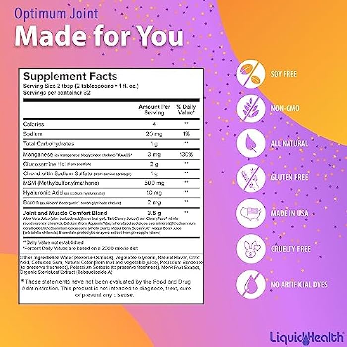 LIQUIDHEALTH Optimum Joint Support Supplement with Glucosamine, Chondroitin, MSM, Hyaluronic Acid - Triple Strength Liquid Vitamins, Gluten-Free, Dairy-Free, Soy-Free Joint Juice, Made in USA (32 oz) - Image 5