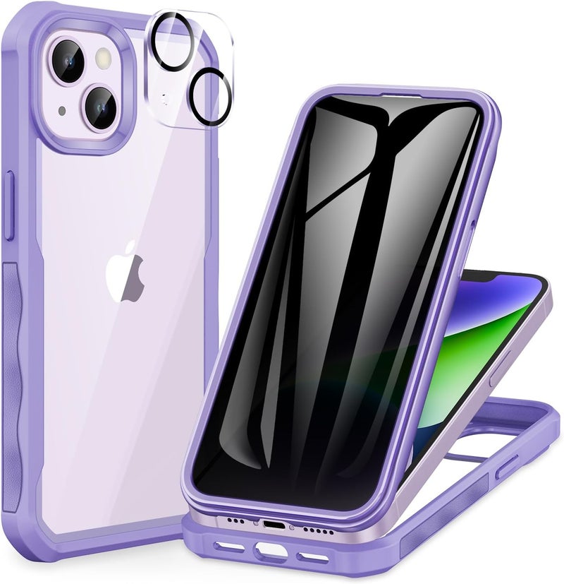 CENHUFO Privacy for iPhone 14 Plus Case, Full Body Phone Case with Built-in 9H Tempered Glass Privacy Screen Protector and Camera Lens Protector, Anti Peep Shockproof Bumper Clear Cover - Purple Classic trendy design picks - Image 1