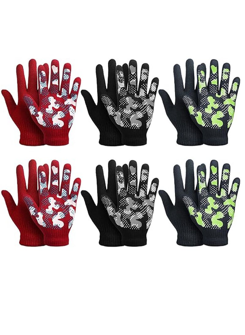 Stretchy Winter Gloves for Kids, Camouflage Full-Finger Design for Boys Ages 5-8, Soft and Warm Acrylic  Spandex Material, Cool Colors, Medium Size (6 Pairs) - Image 1