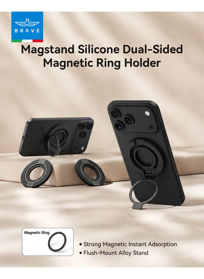 بريف حامل هاتف مغناطيسي MagSafe ثلاثي في واحد مع حلقة إصبع وحامل قابل للطي – حامل سيليكون قوي مزدوج الجوانب مضاد للسقوط، متوافق مع الشحن اللاسلكي، حامل هاتف مغناطيسي قابل للإزالة، متوافق مع هواتف آيفون سبعة عشر / ستة عشر / خمسة عشر / أربعة عشر / ثلاثة عشر / اثنا عشر وسامسونج جالاكسي إس خمسة وعشرين / إس أربعة وعشرين / إس ثلاثة وعشرين / إس اثنان وعشرين وجميع هواتف أندرويد – أسود - Image 2