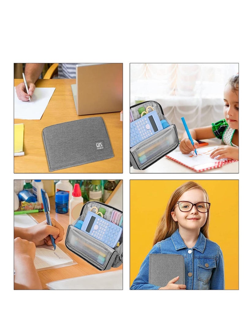 SYOSI - Standing Pencil Case, Big Capacity Pencil Pouch, Large Stationery Organizer Bag, Canvas Office School Supplies, for Primary, Middle, College Students Girls Boys, Grey - Image 1