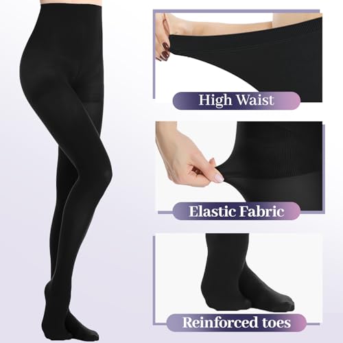 MANZI 1 Pairs Run Resistant Control Top Panty Hose Opaque Tights, Medium, Black - Image 2