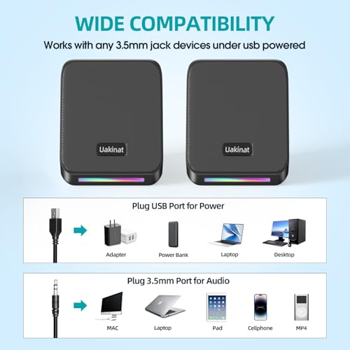 Uakinat Computer Speakers,with 7 Colorful RGB Lights, Headphone Jack, Enhanced Bass and Volume Control, PC Speakers USB Powered Gaming Speakers for Laptop Monitor PC Tablet Phone - Image 5