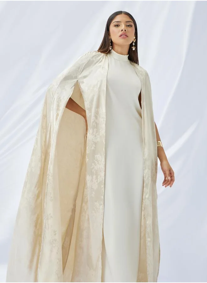 ستايلي Styli Stand Collar Satin Inner Dress with Jacquard Cape Abaya Set
