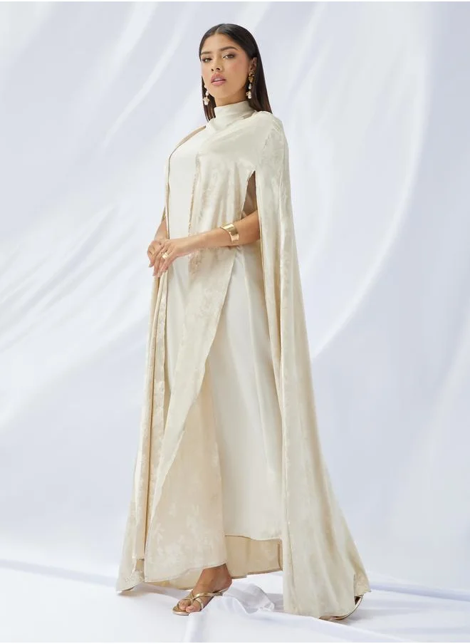 ستايلي Styli Stand Collar Satin Inner Dress with Jacquard Cape Abaya Set